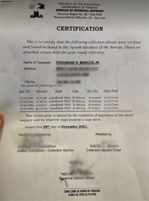 Bongbong camp: BIR certificate shows Marcos paid tax deficiencies, fi.